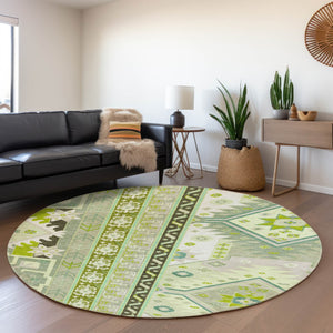 HomeRoots 8' Sage Ivory and Lime Green Southwestern Round Rug - Washable, UV Protected & Stain Resistant! 679669