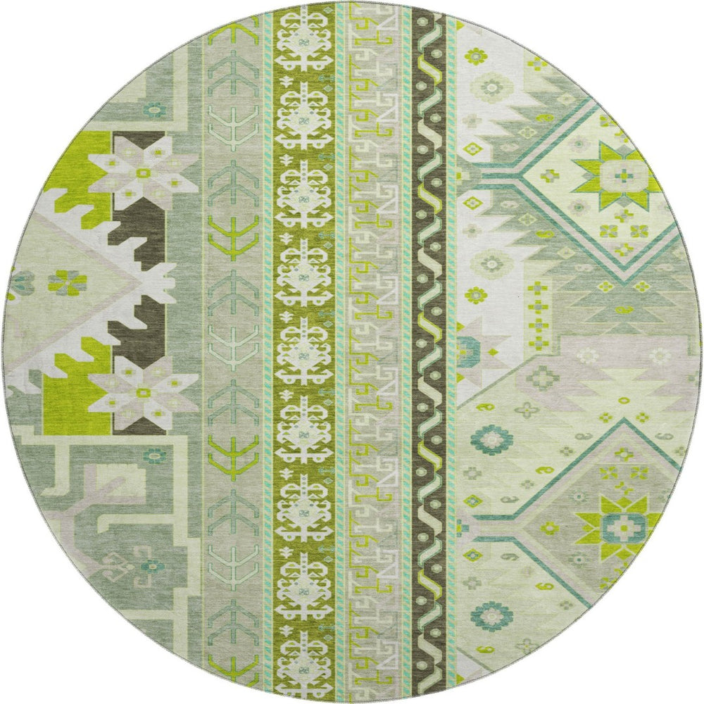 HomeRoots 8' Sage Ivory and Lime Green Southwestern Round Rug - Washable, UV Protected & Stain Resistant! 679669