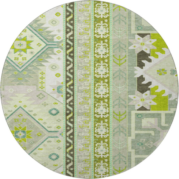 HomeRoots 8' Sage Ivory and Lime Green Southwestern Round Rug - Washable, UV Protected & Stain Resistant! 679669