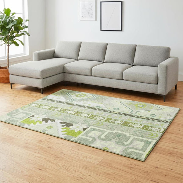 HomeRoots 8' X 10' Southwestern Area Rug in Sage, Ivory & Lime Green - Washable, UV-Protected for Durability 679670