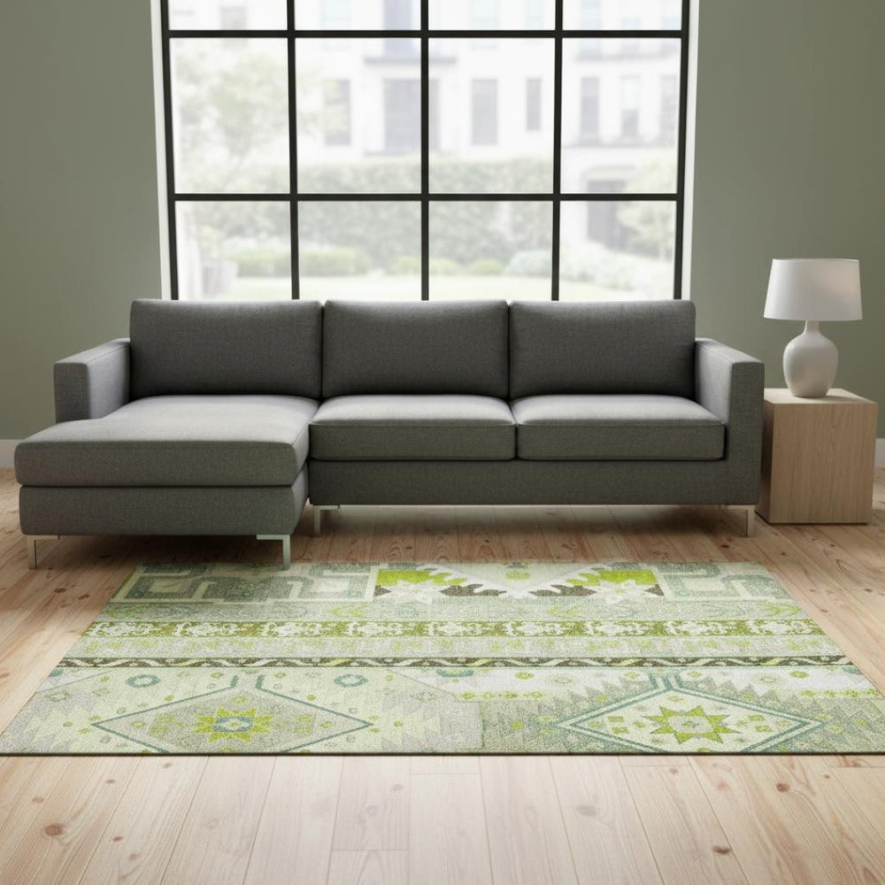 HomeRoots 9' X 12' Sage Ivory Lime Green Southwestern Washable Area Rug - UV Protected, Stain Resistant & Durable 679671