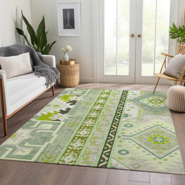 HomeRoots 9' X 12' Sage Ivory Lime Green Southwestern Washable Area Rug - UV Protected, Stain Resistant & Durable 679671
