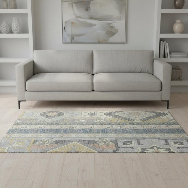 HomeRoots 5' X 8' Southwestern Area Rug in Silver Beige & Gold - Washable, UV-Protected, Stain-Resistant Comfort 679674