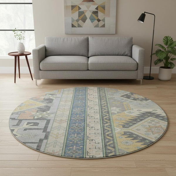 HomeRoots 8' Silver Beige & Gold Southwestern Round Rug – Washable, UV Protected, Stain Resistant, Durable Design 679675