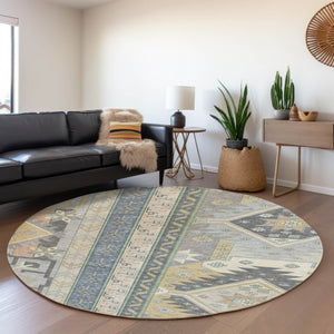HomeRoots 8' Silver Beige & Gold Southwestern Round Rug – Washable, UV Protected, Stain Resistant, Durable Design 679675