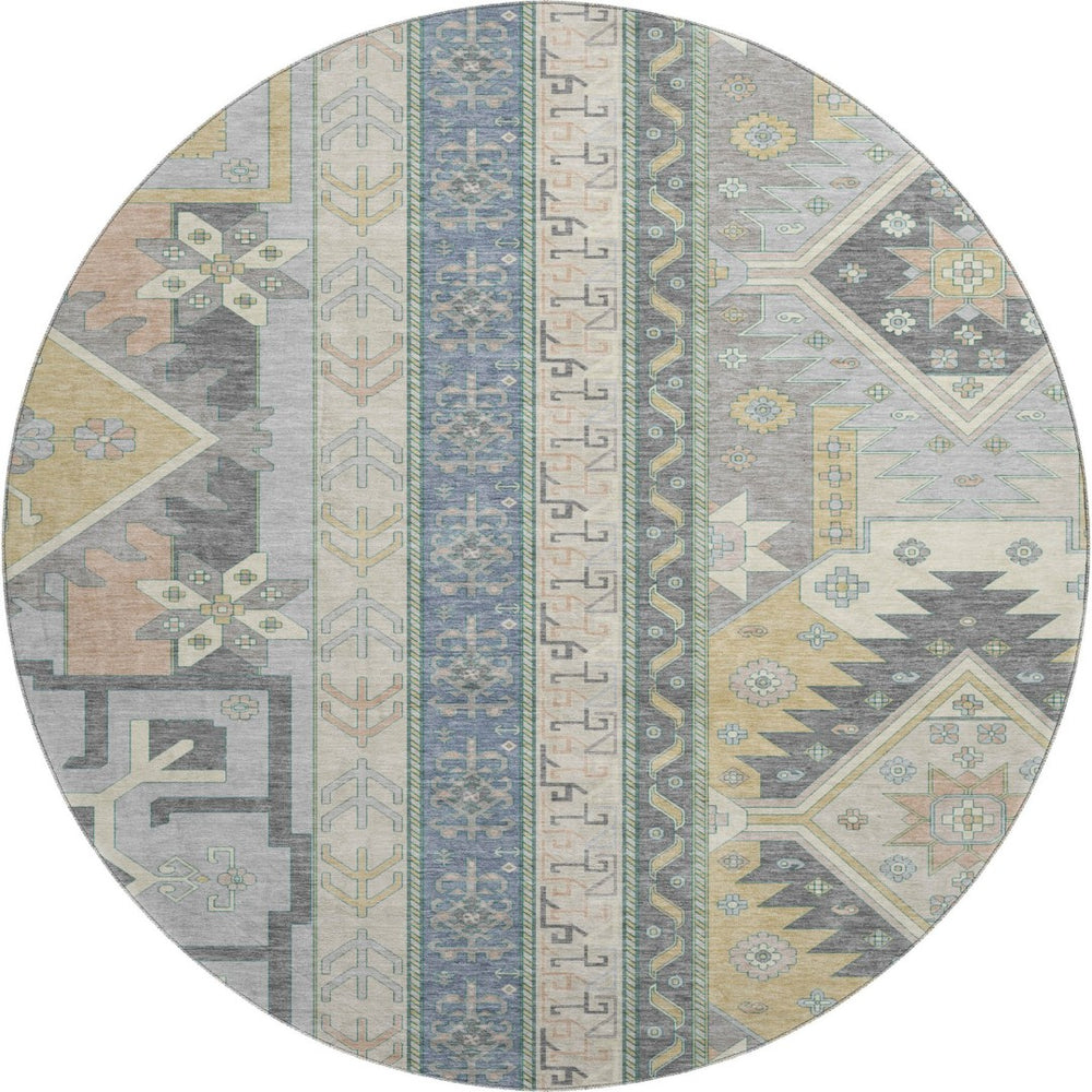 HomeRoots 8' Silver Beige & Gold Southwestern Round Rug – Washable, UV Protected, Stain Resistant, Durable Design 679675