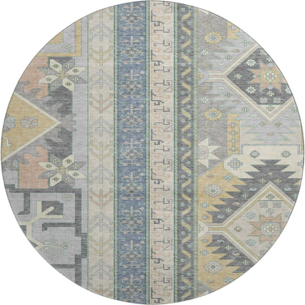 HomeRoots 8' Silver Beige & Gold Southwestern Round Rug – Washable, UV Protected, Stain Resistant, Durable Design 679675