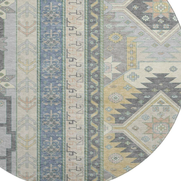 HomeRoots 8' Silver Beige & Gold Southwestern Round Rug – Washable, UV Protected, Stain Resistant, Durable Design 679675