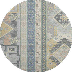 HomeRoots 8' Silver Beige & Gold Southwestern Round Rug – Washable, UV Protected, Stain Resistant, Durable Design 679675