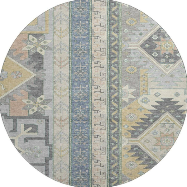 HomeRoots 8' Silver Beige & Gold Southwestern Round Rug – Washable, UV Protected, Stain Resistant, Durable Design 679675