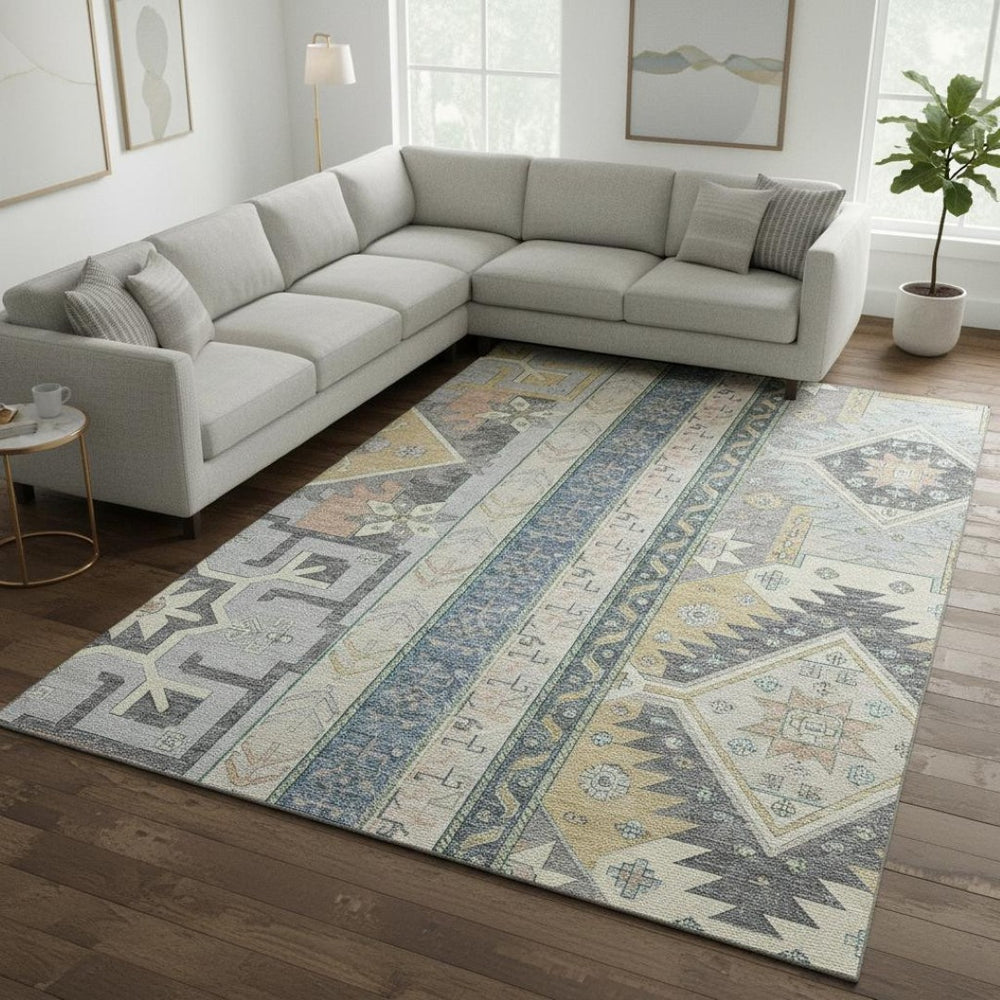 HomeRoots 8' X 10' Southwestern Area Rug in Silver Beige & Gold – Durable, Washable, UV-Protected Beauty! 679676