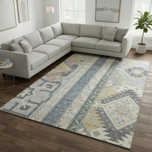 HomeRoots 8' X 10' Southwestern Area Rug in Silver Beige & Gold – Durable, Washable, UV-Protected Beauty! 679676