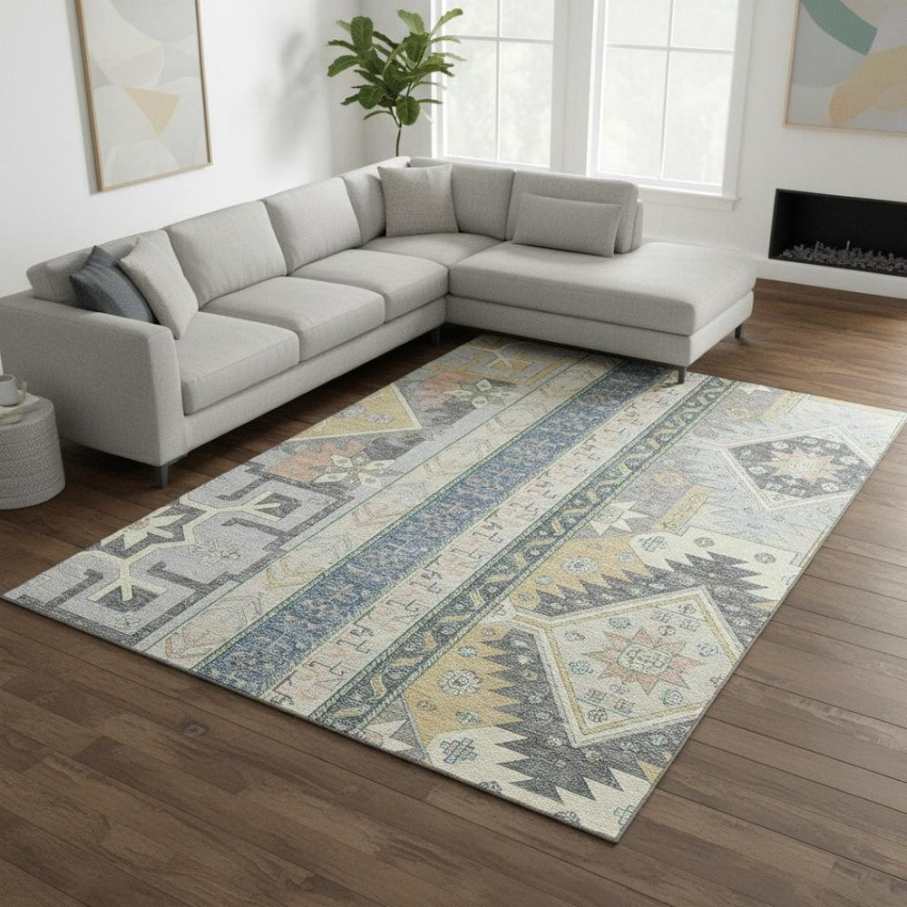 HomeRoots 9' X 12' Southwestern Area Rug in Silver Beige & Gold – Durable, Washable, UV Protected & Stylish 679677
