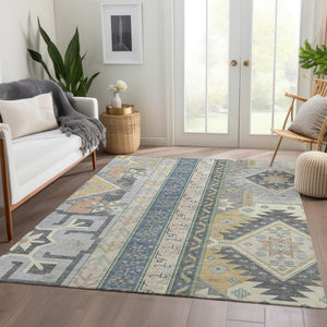 HomeRoots 9' X 12' Southwestern Area Rug in Silver Beige & Gold – Durable, Washable, UV Protected & Stylish 679677
