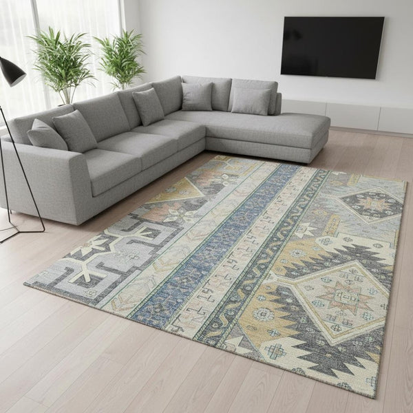 HomeRoots 10' Southwestern Washable Area Rug in Silver Beige & Gold - UV Protected, Durable & Elegant Design 679678