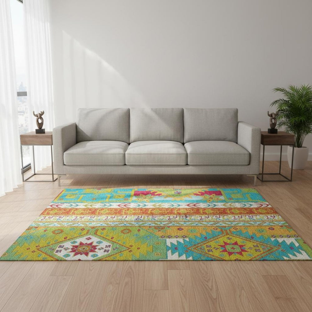 HomeRoots 5' X 8' Southwestern Area Rug in Teal, Lime Green & Orange – Washable, UV-Protected & Cozy Design! 679680