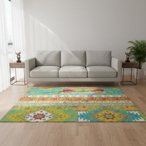 HomeRoots 5' X 8' Southwestern Area Rug in Teal, Lime Green & Orange – Washable, UV-Protected & Cozy Design! 679680