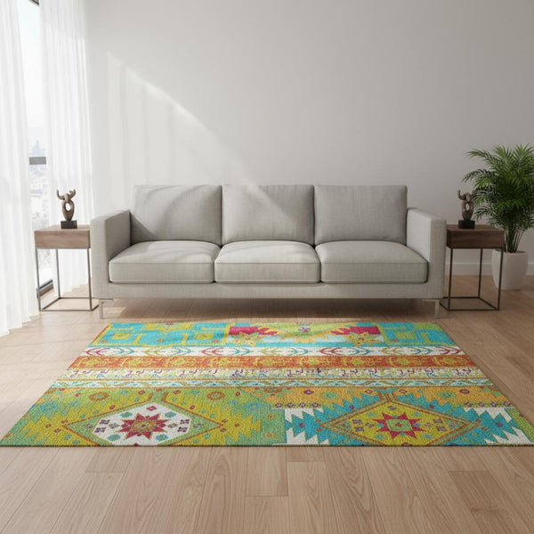 HomeRoots 5' X 8' Southwestern Area Rug in Teal, Lime Green & Orange – Washable, UV-Protected & Cozy Design! 679680