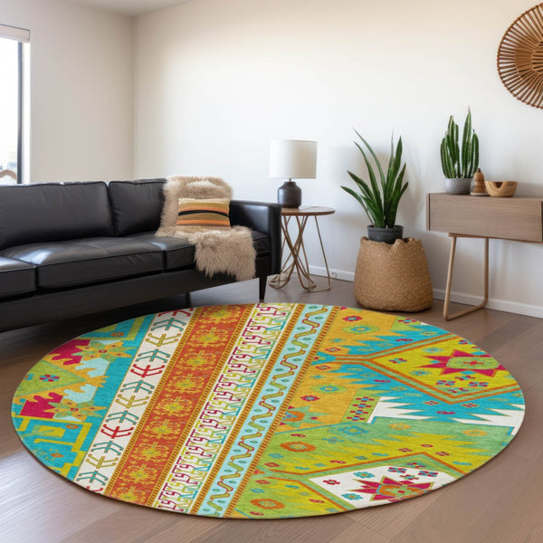 HomeRoots 8' Vibrant Southwestern Washable Round Rug in Teal, Lime Green & Orange with UV Protection & Durability 679681