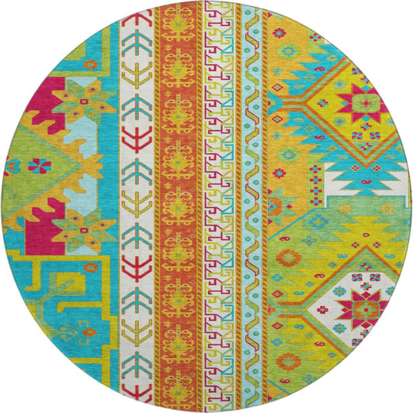 HomeRoots 8' Vibrant Southwestern Washable Round Rug in Teal, Lime Green & Orange with UV Protection & Durability 679681