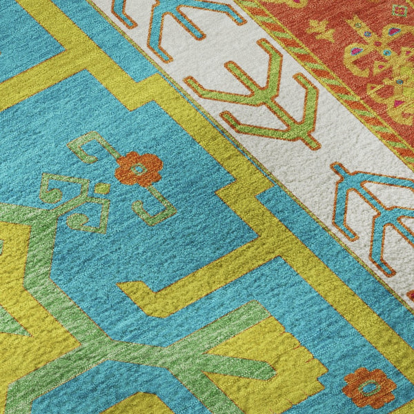 HomeRoots 8' Vibrant Southwestern Washable Round Rug in Teal, Lime Green & Orange with UV Protection & Durability 679681