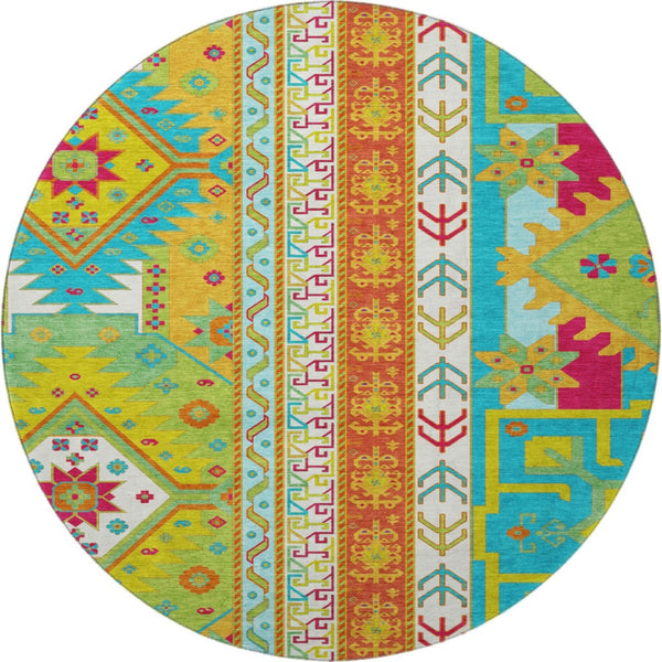 HomeRoots 8' Vibrant Southwestern Washable Round Rug in Teal, Lime Green & Orange with UV Protection & Durability 679681