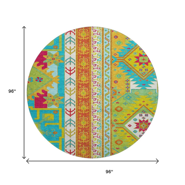 HomeRoots 8' Vibrant Southwestern Washable Round Rug in Teal, Lime Green & Orange with UV Protection & Durability 679681