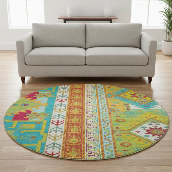 HomeRoots 8' Vibrant Southwestern Washable Round Rug in Teal, Lime Green & Orange with UV Protection & Durability 679681