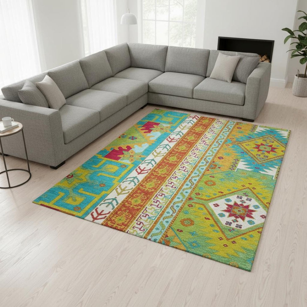 HomeRoots 8' X 10' Southwestern Washable Area Rug in Teal, Lime Green & Orange - UV Protection & Durability! 679682