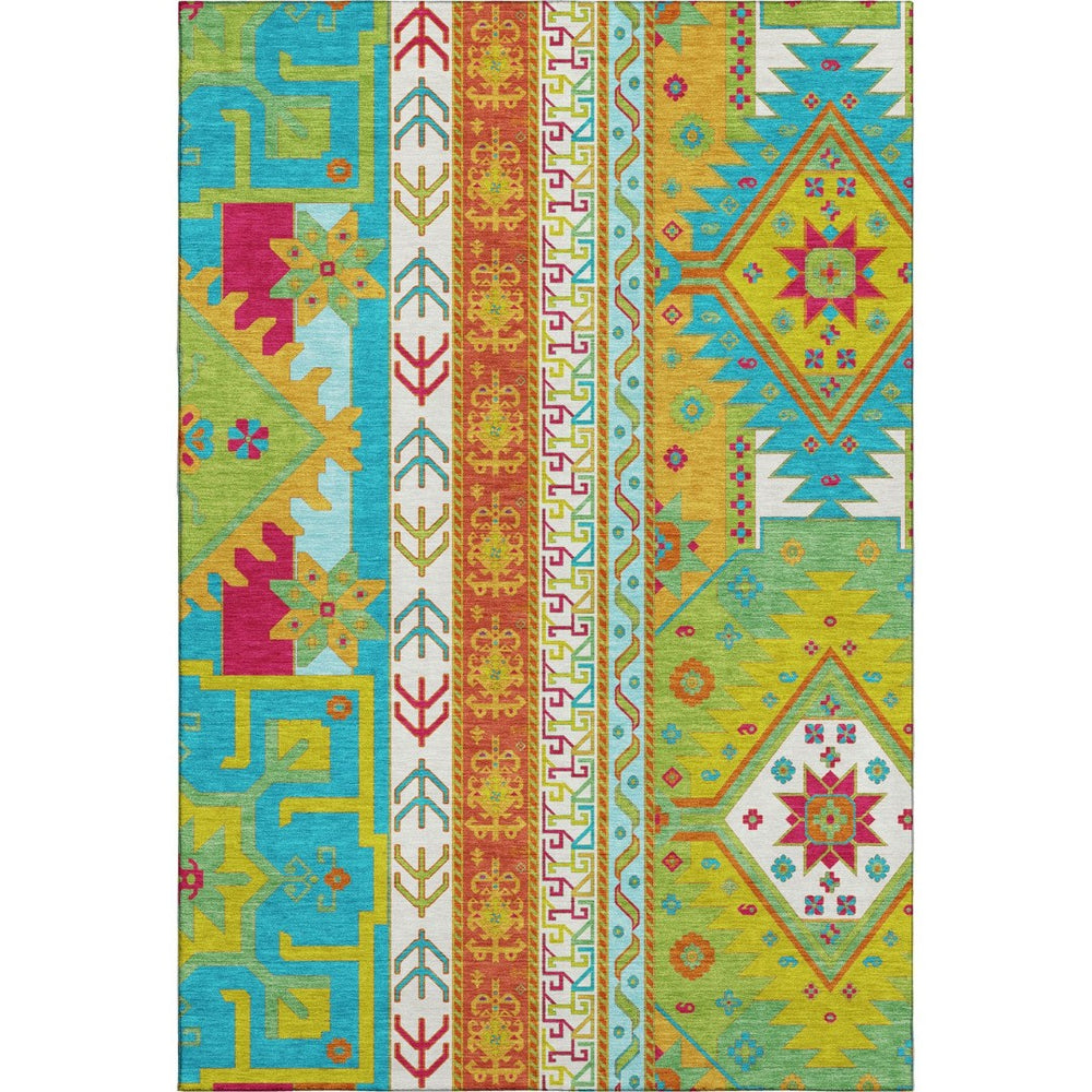 HomeRoots 8' X 10' Southwestern Washable Area Rug in Teal, Lime Green & Orange - UV Protection & Durability! 679682