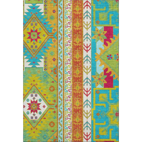 HomeRoots 8' X 10' Southwestern Washable Area Rug in Teal, Lime Green & Orange - UV Protection & Durability! 679682