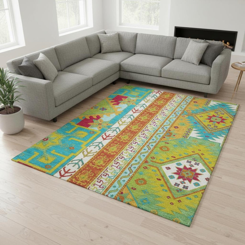HomeRoots 9' X 12' Southwestern Washable Area Rug in Teal, Lime Green & Orange - UV Protected, Durable & Stylish! 679683