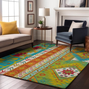 HomeRoots 9' X 12' Southwestern Washable Area Rug in Teal, Lime Green & Orange - UV Protected, Durable & Stylish! 679683