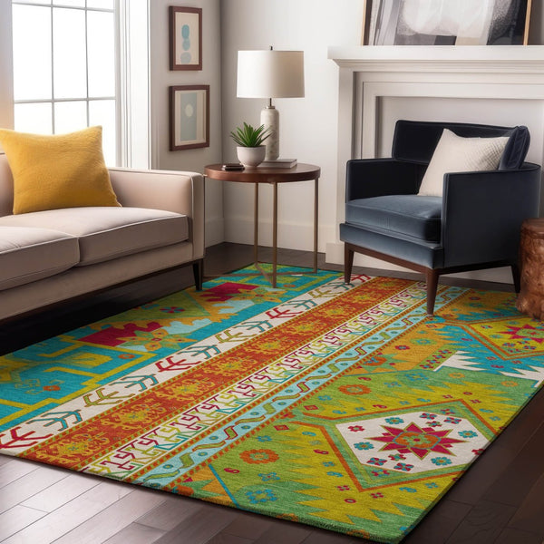 HomeRoots 9' X 12' Southwestern Washable Area Rug in Teal, Lime Green & Orange - UV Protected, Durable & Stylish! 679683