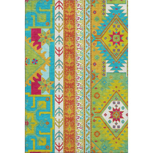 HomeRoots 9' X 12' Southwestern Washable Area Rug in Teal, Lime Green & Orange - UV Protected, Durable & Stylish! 679683
