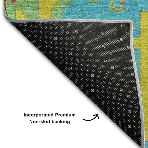 HomeRoots 9' X 12' Southwestern Washable Area Rug in Teal, Lime Green & Orange - UV Protected, Durable & Stylish! 679683