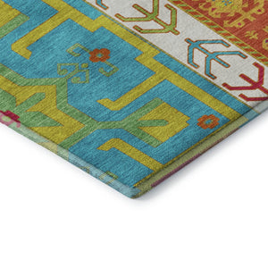 HomeRoots 9' X 12' Southwestern Washable Area Rug in Teal, Lime Green & Orange - UV Protected, Durable & Stylish! 679683