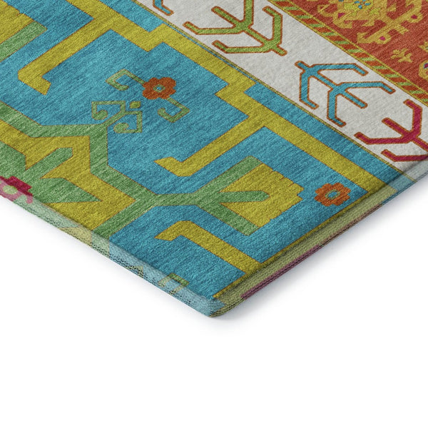 HomeRoots 9' X 12' Southwestern Washable Area Rug in Teal, Lime Green & Orange - UV Protected, Durable & Stylish! 679683