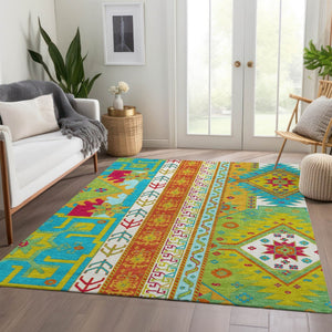HomeRoots 9' X 12' Southwestern Washable Area Rug in Teal, Lime Green & Orange - UV Protected, Durable & Stylish! 679683