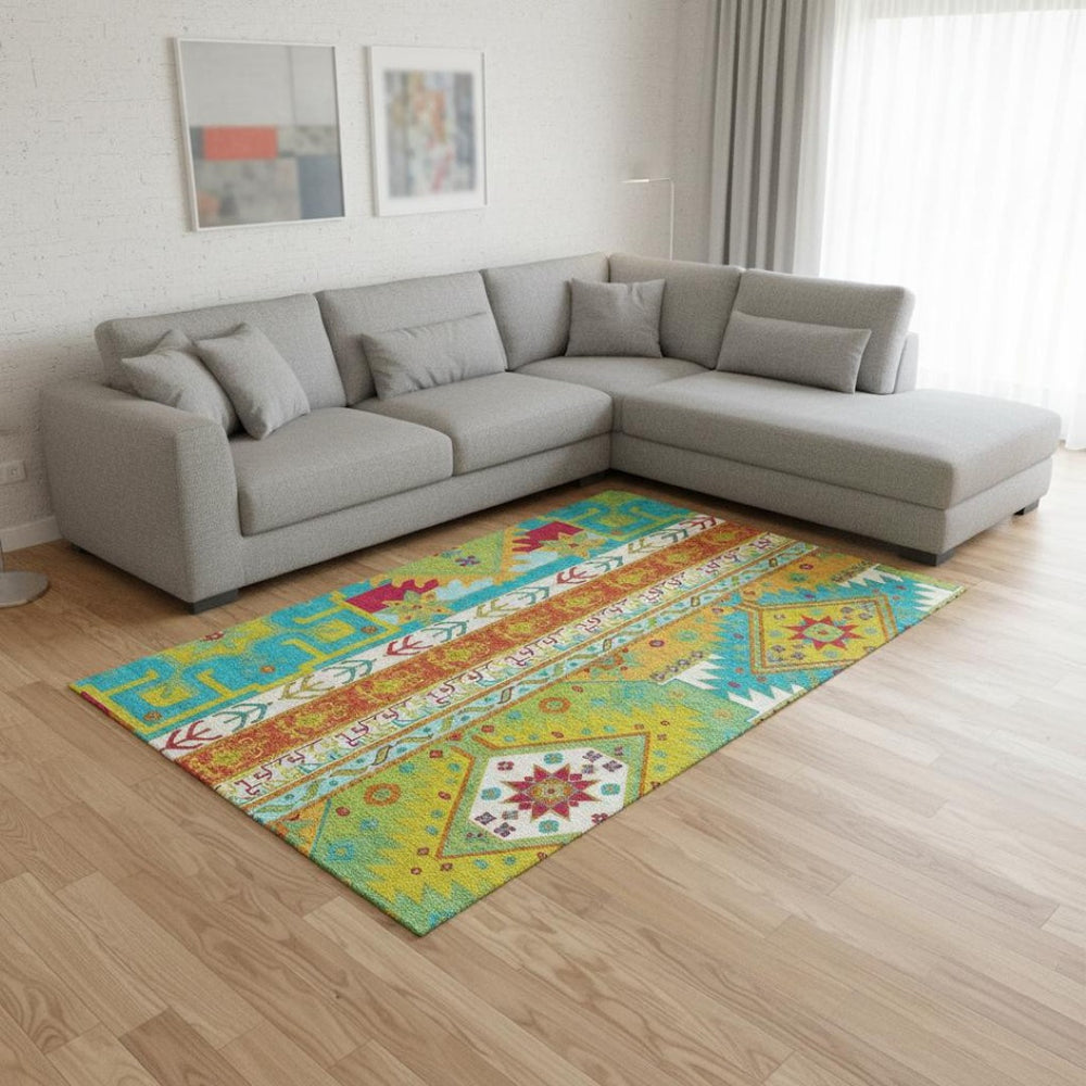 HomeRoots 10' Southwestern Area Rug in Teal, Lime Green & Orange - Washable, UV-Protected, Durable Design 679684