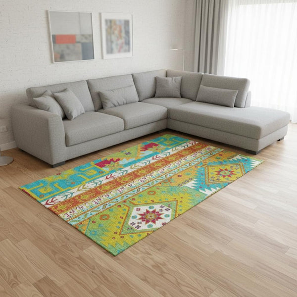 HomeRoots 10' Southwestern Area Rug in Teal, Lime Green & Orange - Washable, UV-Protected, Durable Design 679684