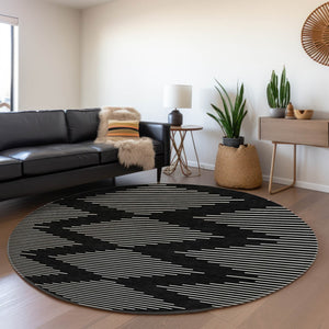 HomeRoots 8' Modern Black and Ivory Geometric Washable Round Rug with UV Protection for High-Traffic Areas 679693
