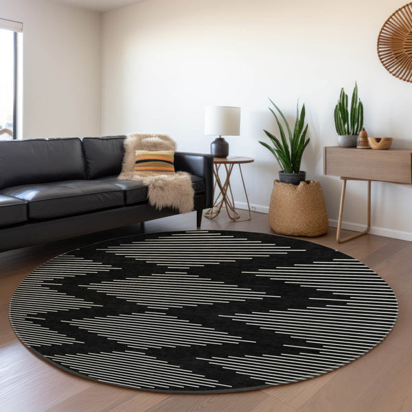 HomeRoots 8' Modern Black and Ivory Geometric Washable Round Rug with UV Protection for High-Traffic Areas 679693