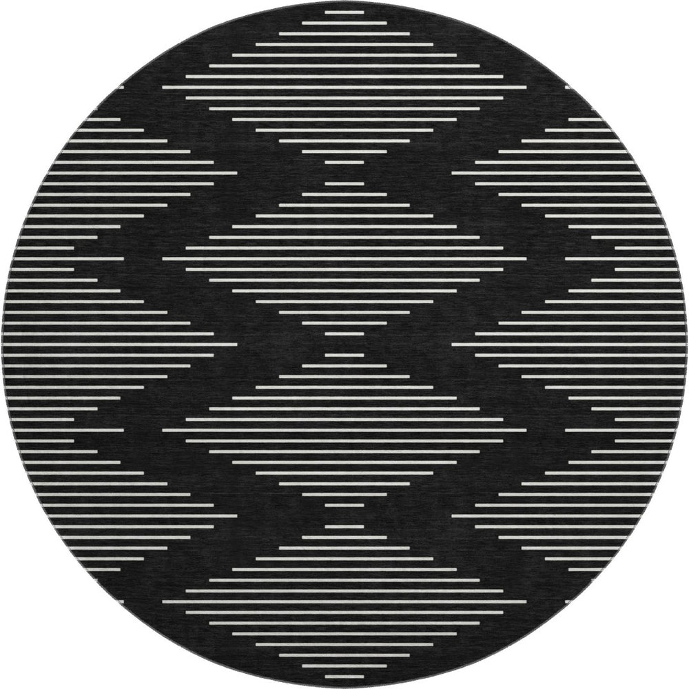 HomeRoots 8' Modern Black and Ivory Geometric Washable Round Rug with UV Protection for High-Traffic Areas 679693