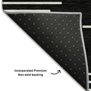HomeRoots 8' Modern Black and Ivory Geometric Washable Round Rug with UV Protection for High-Traffic Areas 679693