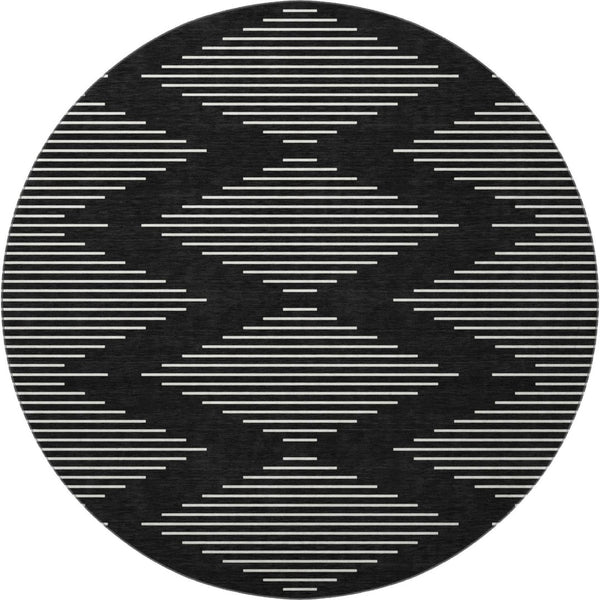 HomeRoots 8' Modern Black and Ivory Geometric Washable Round Rug with UV Protection for High-Traffic Areas 679693