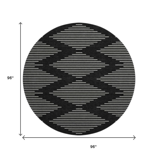 HomeRoots 8' Modern Black and Ivory Geometric Washable Round Rug with UV Protection for High-Traffic Areas 679693