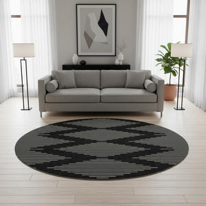 HomeRoots 8' Modern Black and Ivory Geometric Washable Round Rug with UV Protection for High-Traffic Areas 679693