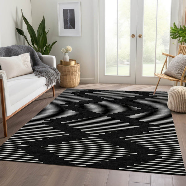 HomeRoots 9' X 12' Black and Ivory Geometric Area Rug - Washable, UV-Protected, Durable for Busy Homes! 679695