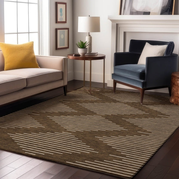 HomeRoots 5' X 8' Stylish Brown and Beige Geometric Area Rug - Washable, UV-Protected, Kid & Pet Friendly! 679698